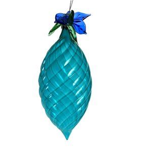 Teal Ribbed Glass Teardrop Ornament With Glass Leaves Germany